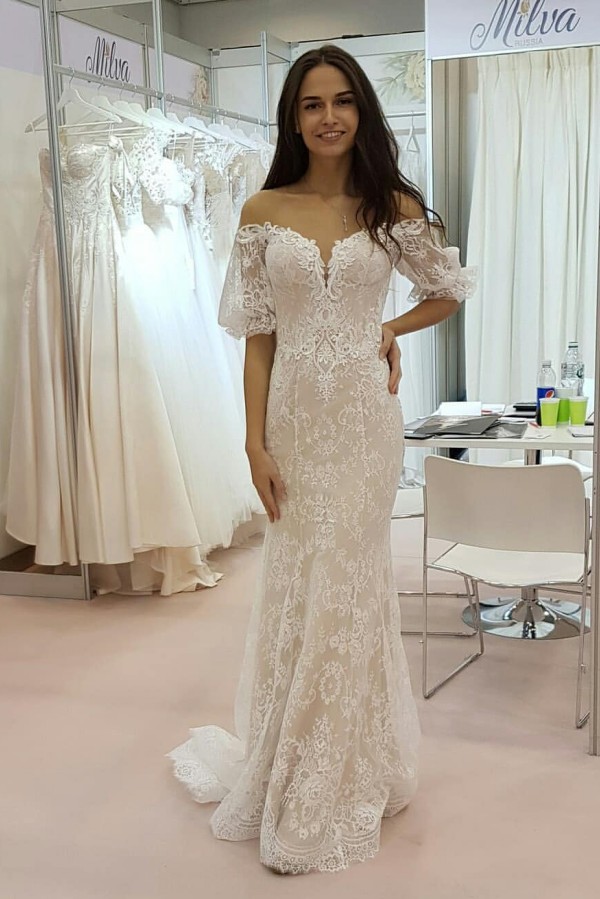 Stunning Long Mermaid Off the Shoulder Tulle Lace Wedding Dress with Sleeves - YESBABYONLINE