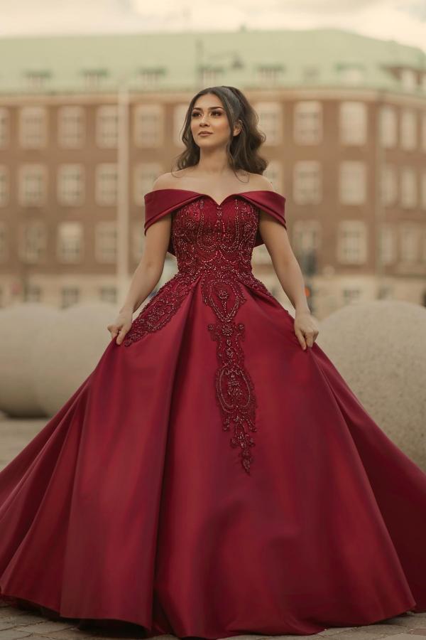 Long Off the Shoulder Satin Ball Gown Wedding Dress with Appliques Lace - YESBABYONLINE
