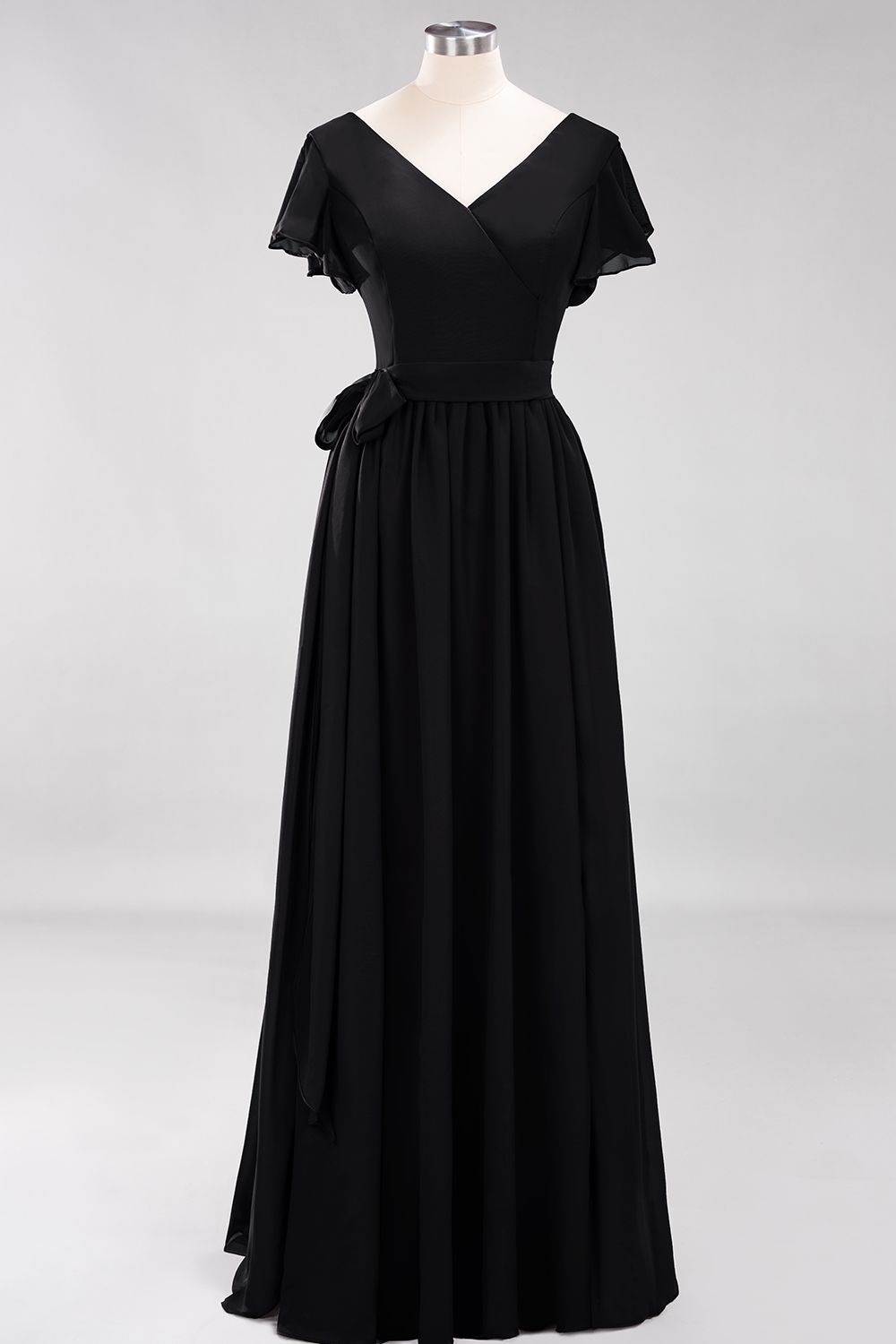 Elegant A-line V-Neck Short Sleeves Floor-Length Bridesmaid Dresses with Bow Sash - YESBABYONLINE