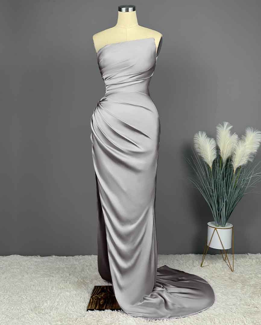 Elegant Long Strapless Sleeveless Mermaid Satin Prom Dresses with Slit - YESBABYONLINE