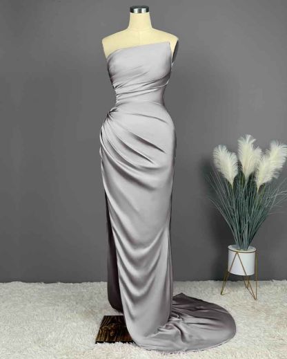Elegant Long Strapless Sleeveless Mermaid Satin Prom Dresses with Slit - YESBABYONLINE