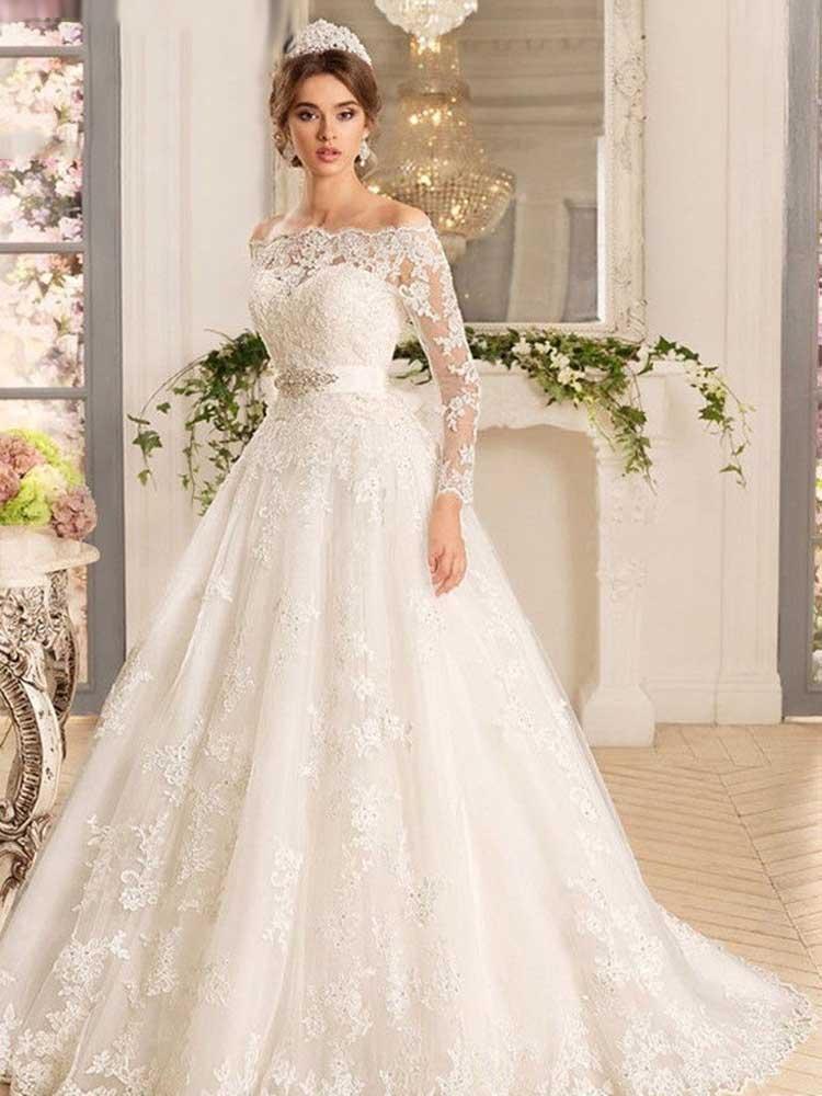 Classy Long Sleeves Off the Shoulder Appliques Lace A-Line Ruffles Wedding Dress - YESBABYONLINE