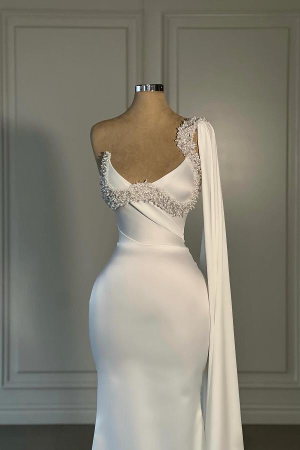 Strapless Long Satin White Mermaid Prom Dress with Long Cape