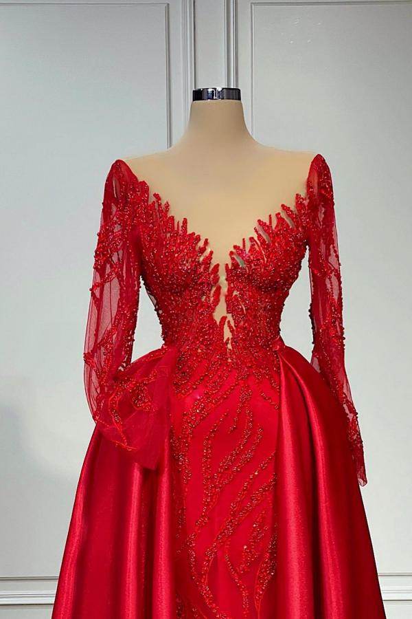 Charming Red Long V-neck A-Line Satin Lace Prom Dress with Sleeves - YESBABYONLINE