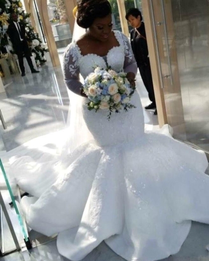 Charming Long Mermaid Sweetheart Lace Wedding Dresses with Sleeves - YESBABYONLINE