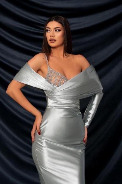 Charming Long Sleeves Off-The-Shoulder Mermaid Satin Prom Dresses - YESBABYONLINE