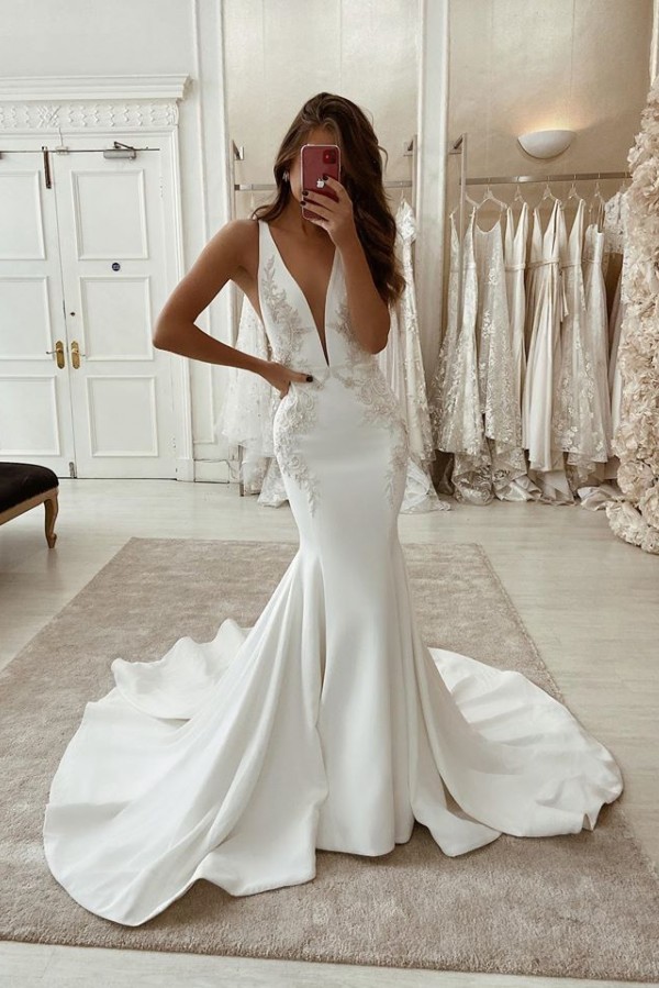 Elegant Long Mermaid Satin Backless V-neck Wedding Dress - YESBABYONLINE