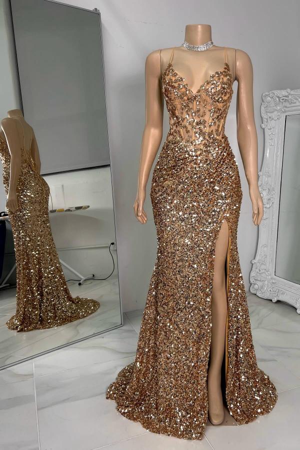 Spaghetti Straps V Neck Backless Mermaid Long Prom Dress with Sequins and Rhinestones
