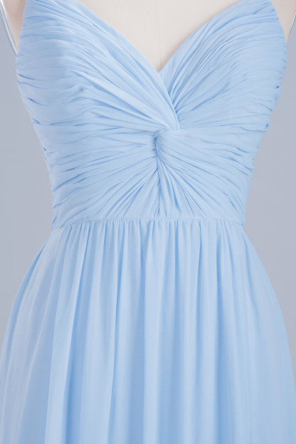 Sky Blue Long A-Line V-Neck Spaghetti Straps Floor-Length Chiffon Bridesmaid Dresses - YESBABYONLINE