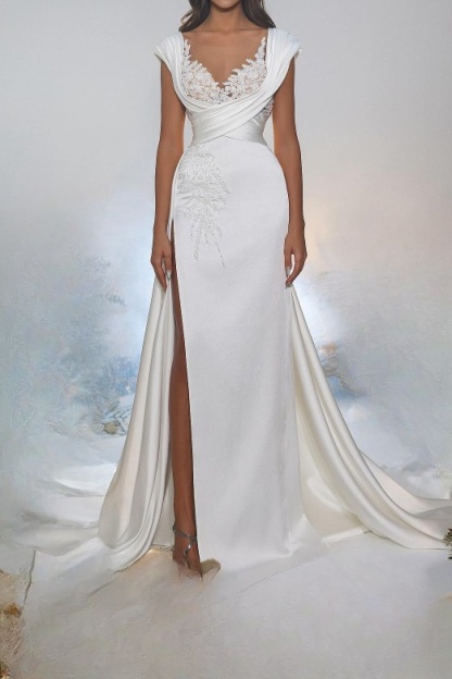 White Long Mermaid Sweetheart Satin Lace Wedding Dresses with Slit - YESBABYONLINE