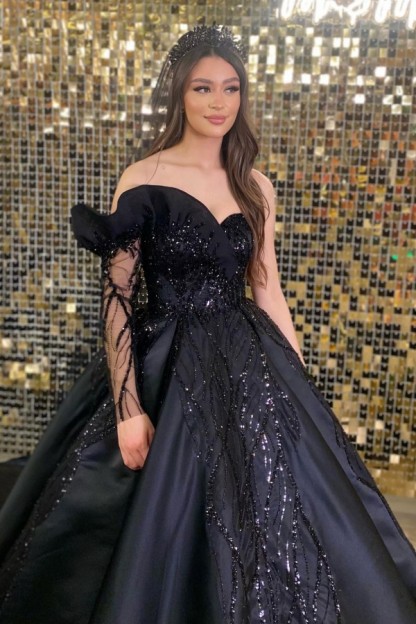 Black Long Strapless Asymmetrical Lace Satin Ball Gown Wedding Dress - YESBABYONLINE