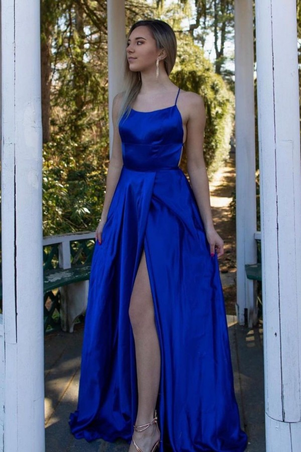 Simple Royal Blue Long A-line Satin Backless Front Slit Prom Dresses with Pockets - YESBABYONLINE