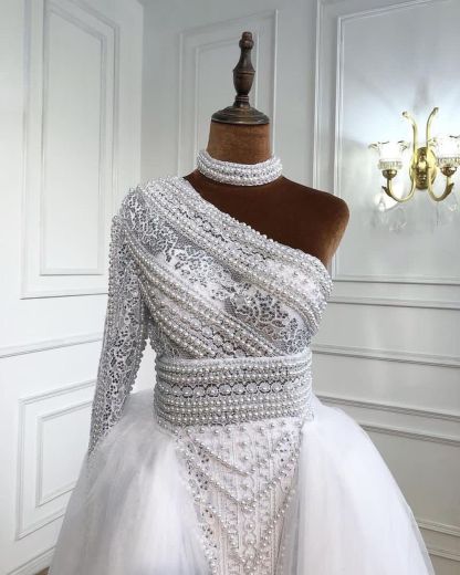 Stylish Long A-line One Shoulder Tulle Lace Prom Dress with Sleeves - YESBABYONLINE