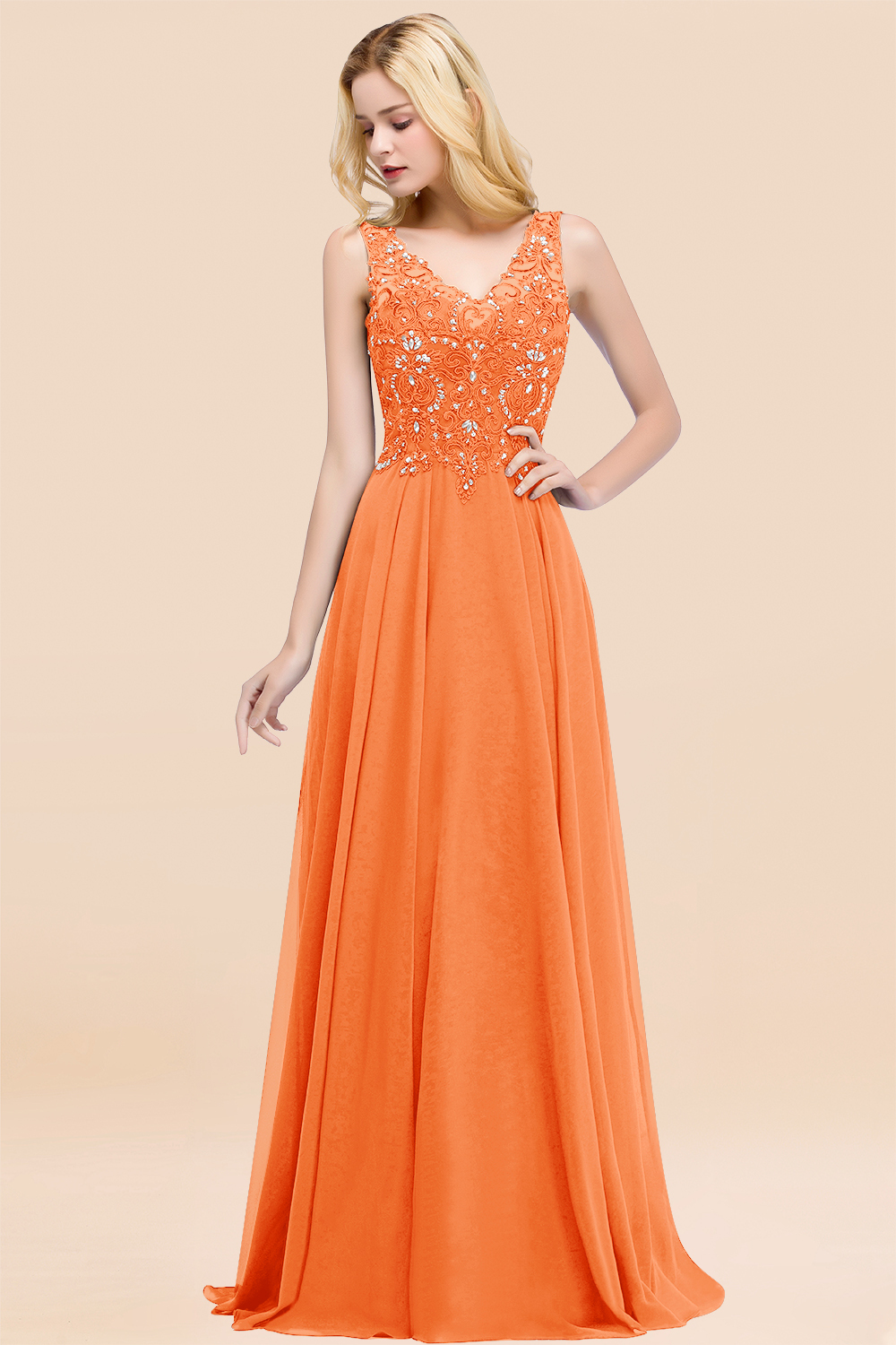Long A-line Straps V Neck Applique Lace Floor Length Chiffon Bridesmaid Dresses - YESBABYONLINE