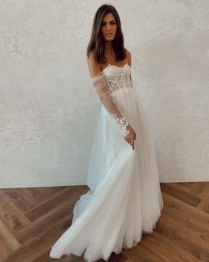 Long Off The Shoulder Backless Applique Lace Tulle A Line Wedding Dresses - YESBABYONLINE