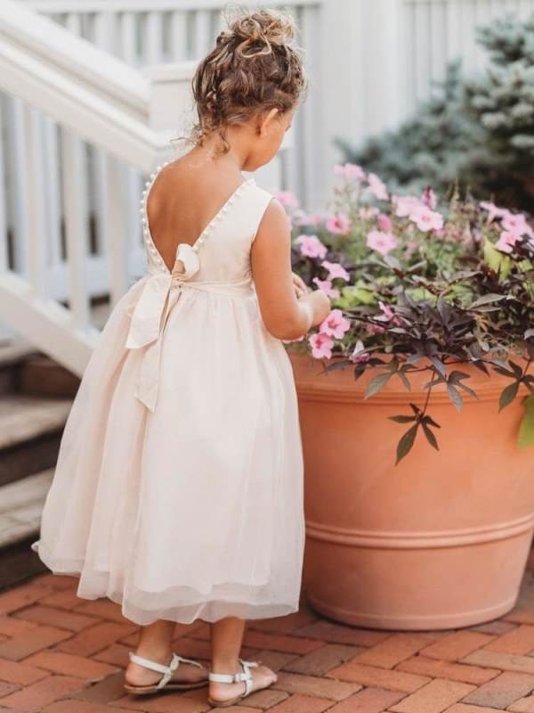 Ivory Satin Tulle Sleeveless Flower Girl Dress Formal Kids Dress for Party - YESBABYONLINE