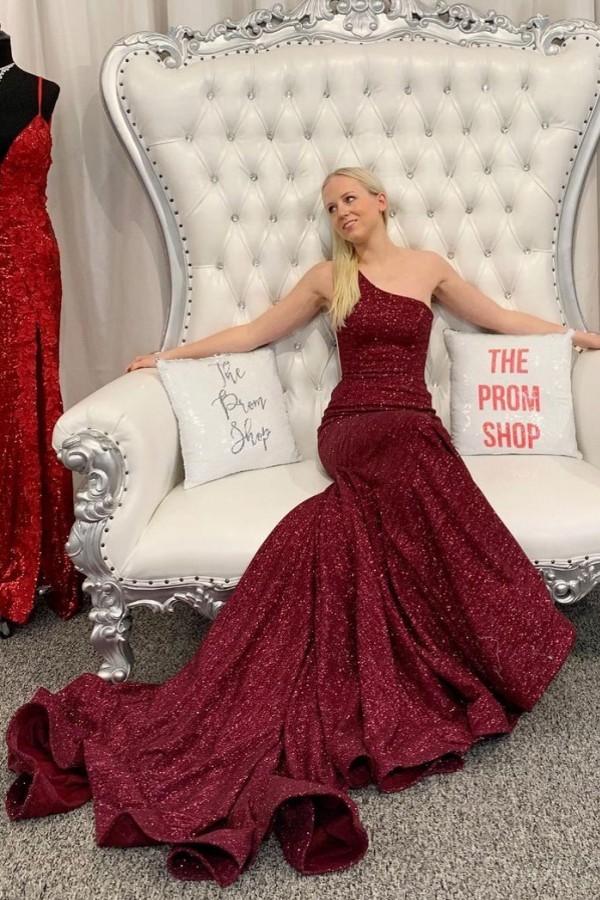 Long One Shoulder Sequins Floor-length Ruffles Mermaid Evening Prom Dress - YESBABYONLINE