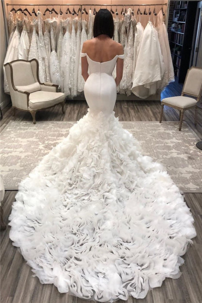 Stunning Long Memaid Off the Shoulder Satin Backless Wedding Dresses with Flower Court Train - YESBABYONLINE