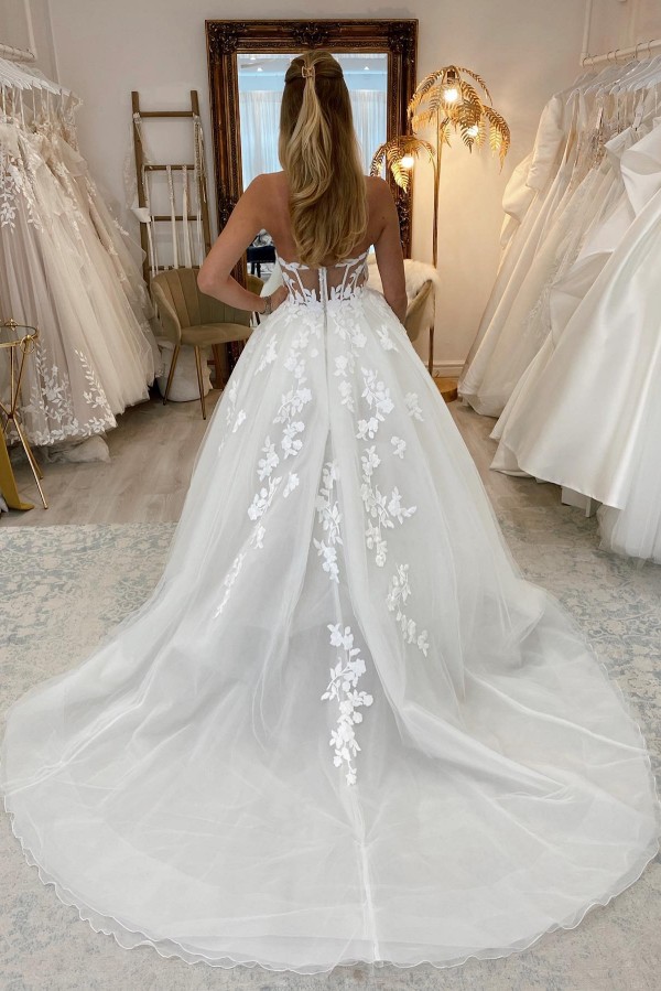 Long Sweetheart A-Line Sweetheart Tulle Lace Wedding Dress with Front Slit - YESBABYONLINE