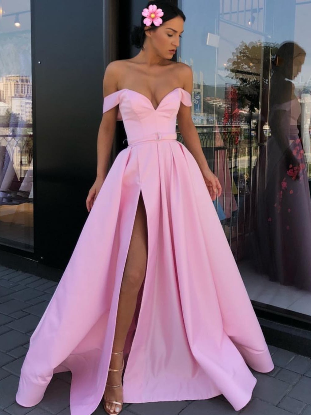 Sexy Long A-line Off The Shoulder Satin Evening Prom Dresses with Front Split - YESBABYONLINE
