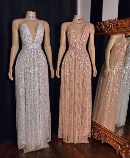 Glitter Long A-line Spaghetti Straps V-neck Sequined Prom Dresses - YESBABYONLINE