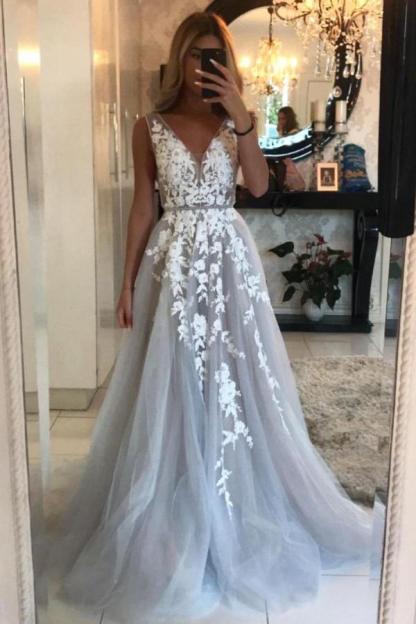 Classy Long V-neck Appliques Lace Tulle A-line Floor-length Prom Dress - YESBABYONLINE
