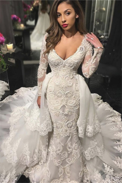 Long Mermaid V-neck Tulle Appliques Lace Wedding Dresses with Sleeves - YESBABYONLINE