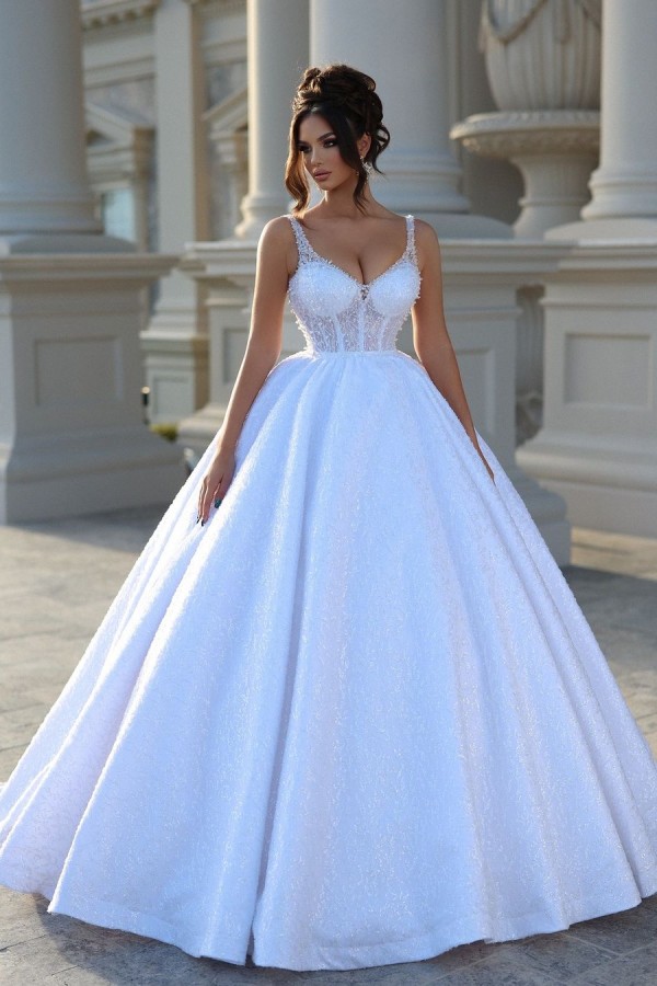 Glitter Long Ball Gown Sweetheart Satin Beading Wedding Dresses - YESBABYONLINE