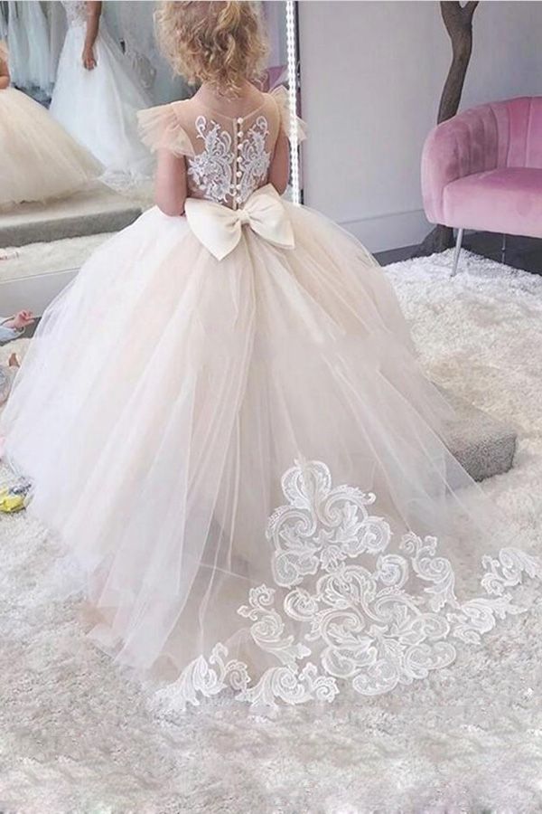 Long Ball Gown Tulle Appliques Lace Dress Little Girl for Wedding Party - YESBABYONLINE