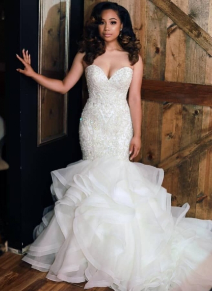 Charming Long Mermaid Sweetheart Tulle Beading Wedding Dresses - YESBABYONLINE
