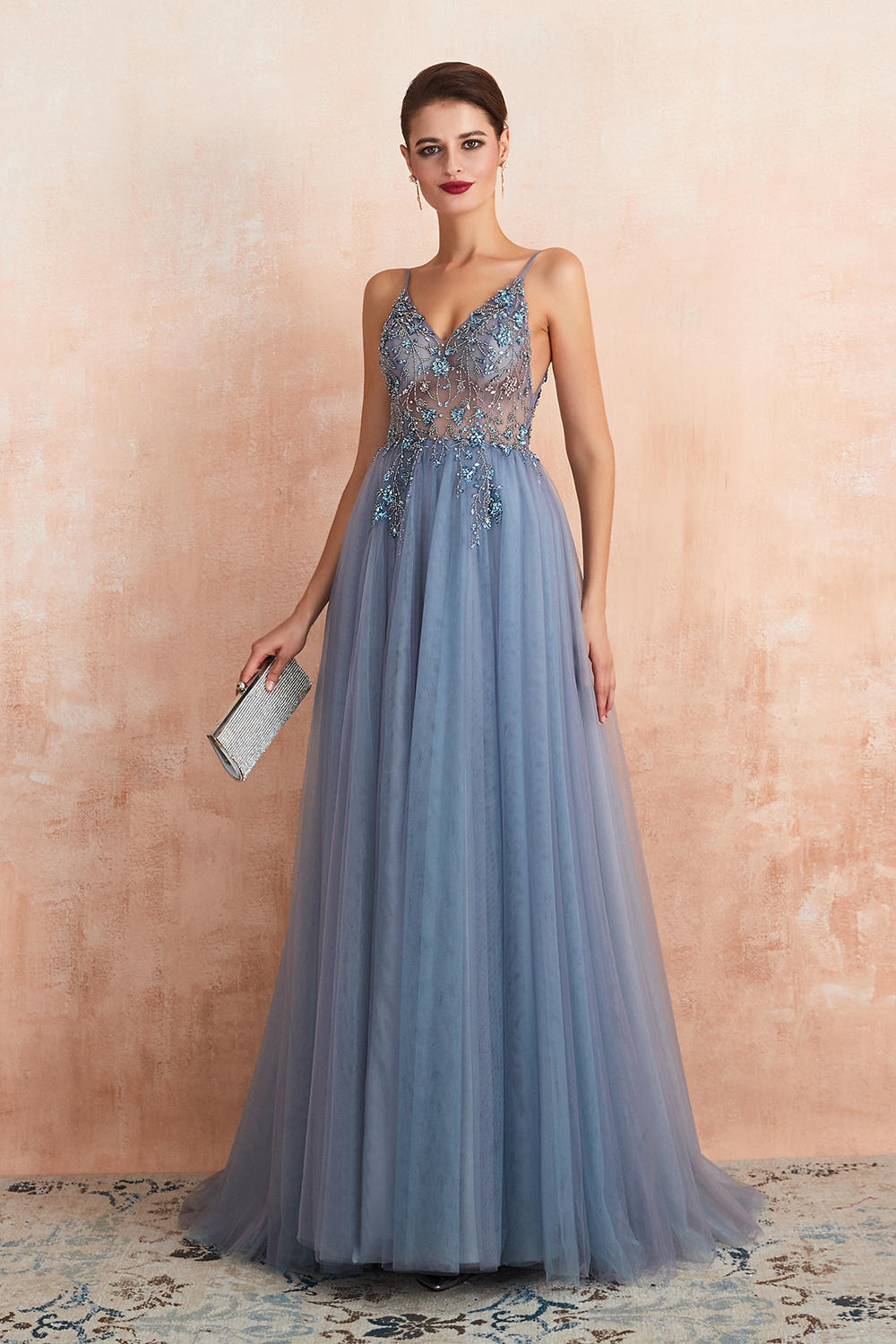 Long A-line Spaghetti Straps V-neck Tulle Backless Prom Dresses with Side Slit - YESBABYONLINE