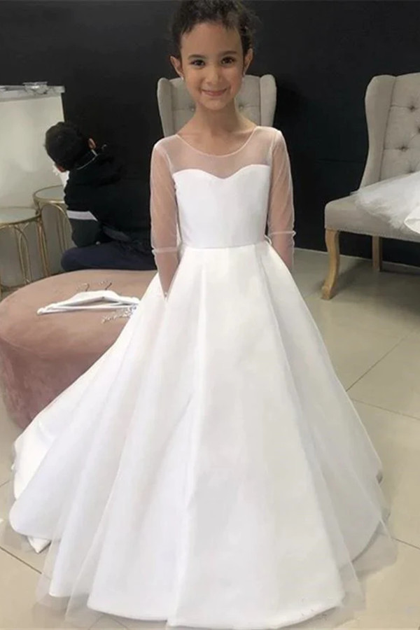 White Long Sleeves Satin Tulle Floor Length Satin Flower Girl Dress with Bow - YESBABYONLINE