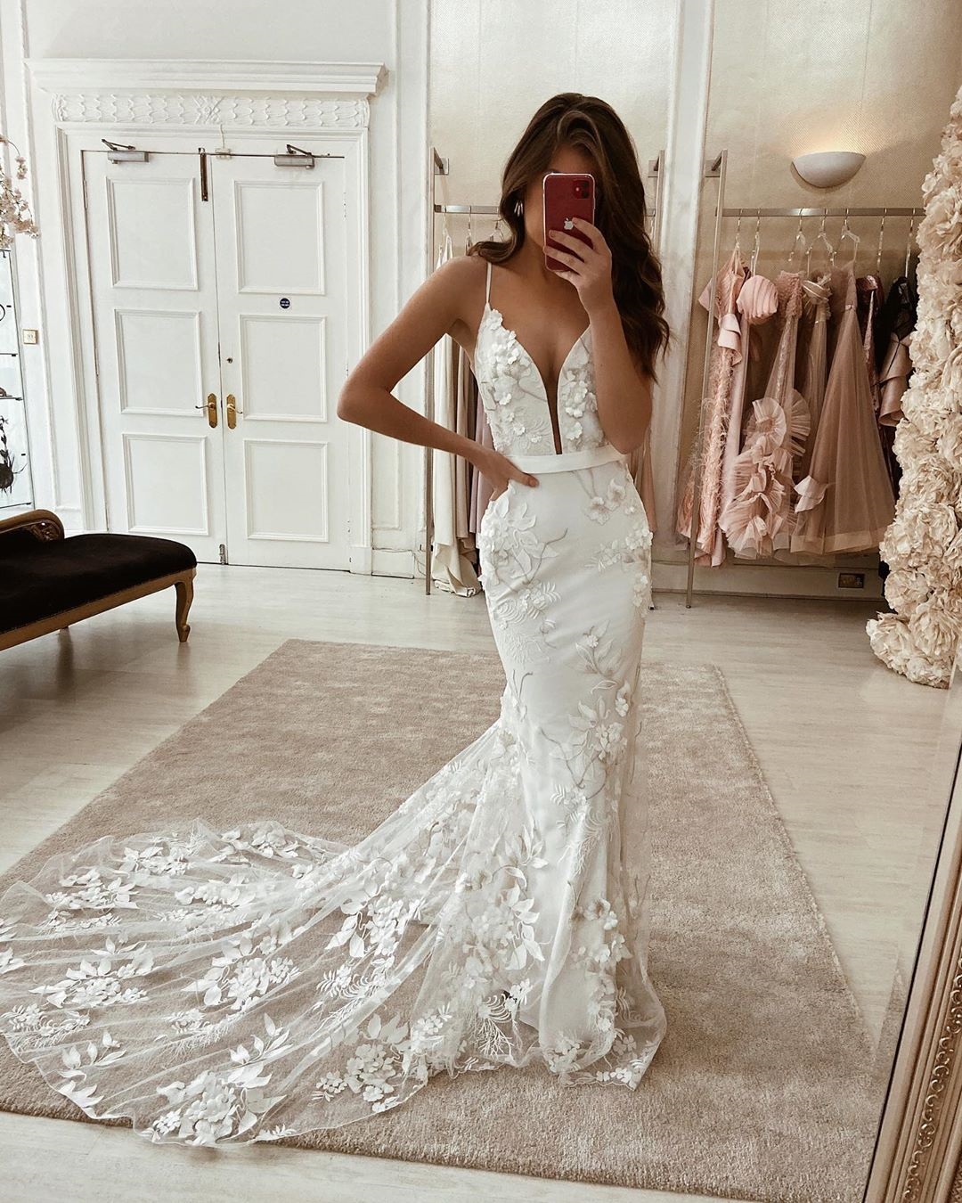 Long Mermaid Spaghetti Strap V Neck Floral Lace Satin Wedding Dresses - YESBABYONLINE