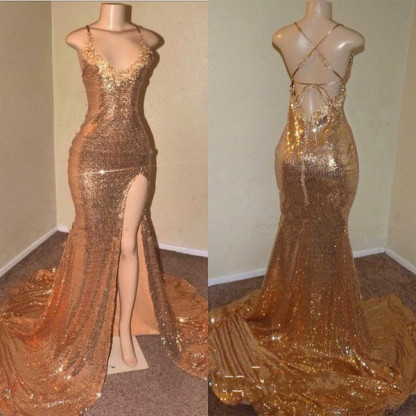 Long V-neck Sequins Sleeveless Front Slit Floor Length Mermaid Prom Dresses with Slit - YESBABYONLINE