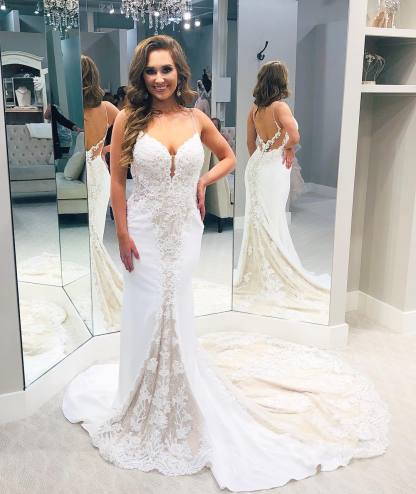 Long Memaid Spaghetti Strap Sweetheart Lace Backless Wedding Dresses - YESBABYONLINE