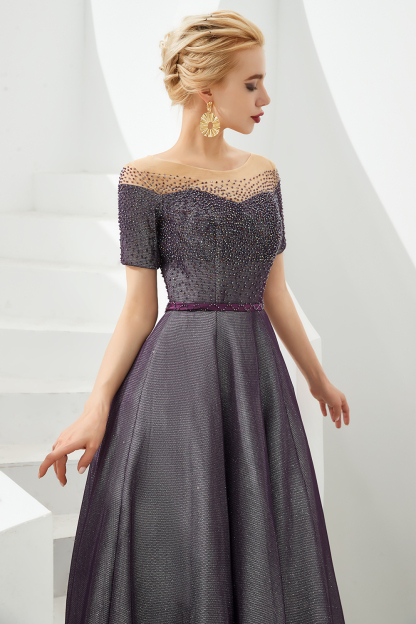 Glamorous Long A-line Round Neckline Floor Length Prom Dresses with Short Sleeves - YESBABYONLINE