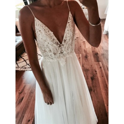 Sexy Long A-Line V-Neck Tulle Lace Open Back Wedding Dresses with Slit - YESBABYONLINE