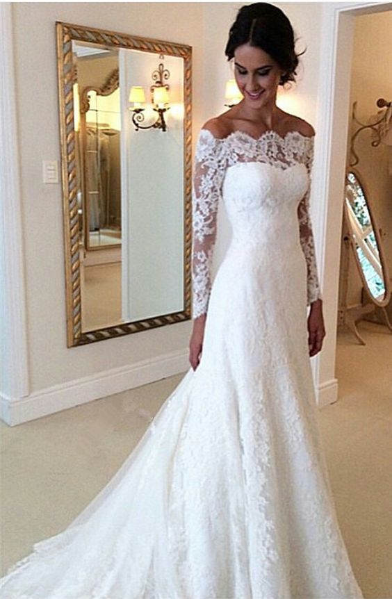 Lace Off-the-Shoulder Long Sleeves Glamorous A-line Wedding Dresses - YESBABYONLINE