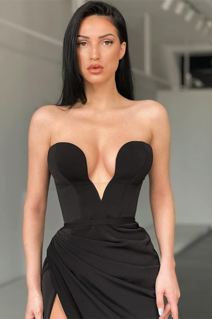 Charming Black Long V-Neck Sleeveless Split Front Satin Mermaid Prom Dresses - YESBABYONLINE