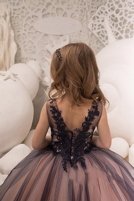 Black Long Ball Gown V-neck Tulle Appliques Lace Flower Girl Dress - YESBABYONLINE