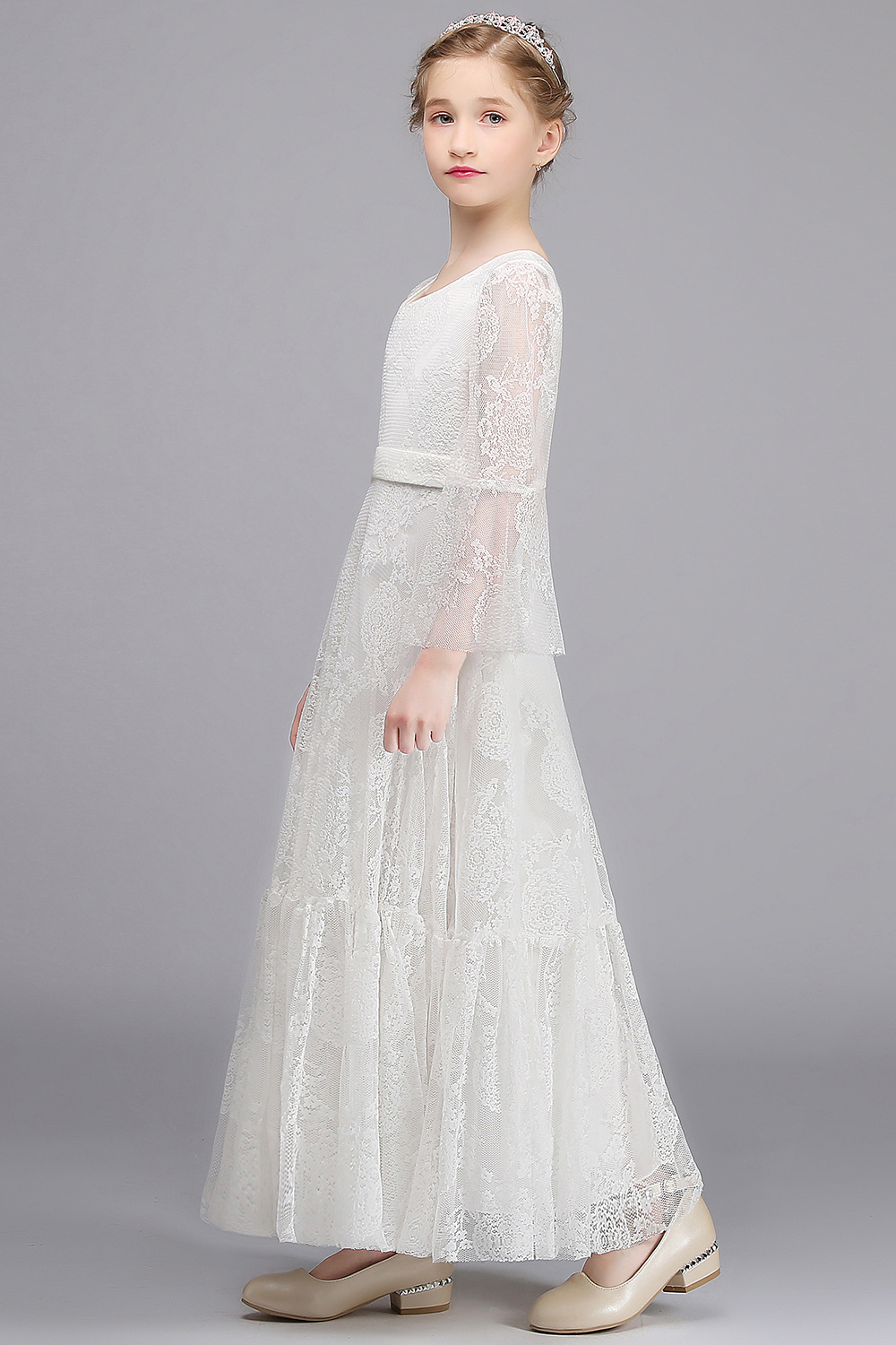 A-line V-neck Long Sleeve Appliques Lace Full Length Flower Girl Dress - YESBABYONLINE