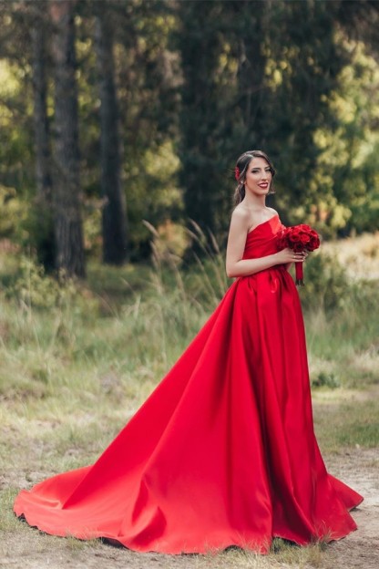 Charming Red Long A-Line One Shoulder Satin Wedding Dress with Ruffles - YESBABYONLINE