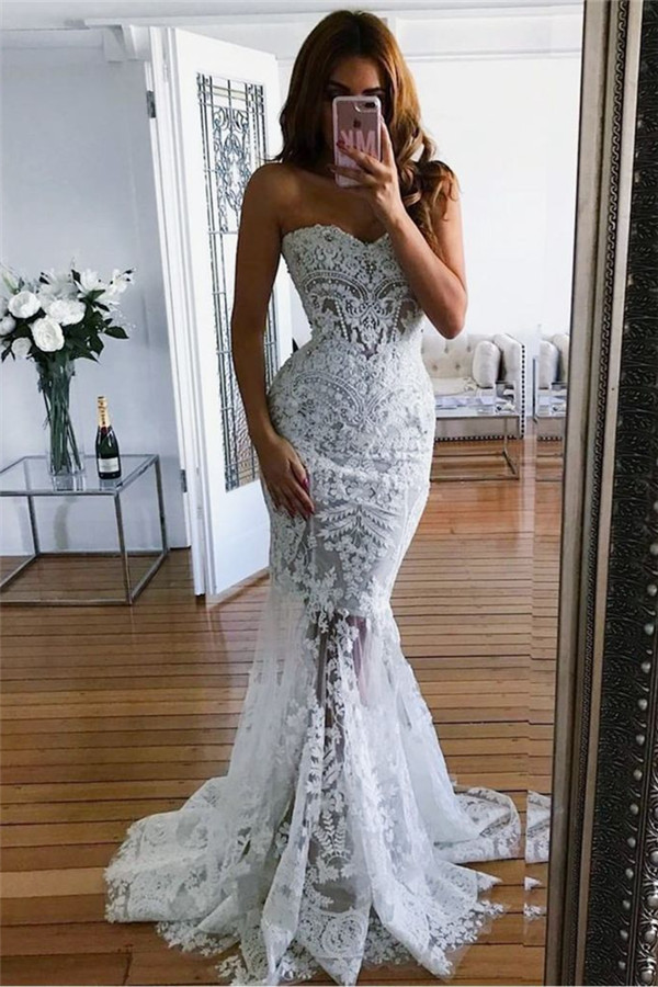 Long Sweetheart White Tulle Mermaid Lace Appliques Wedding Dresses - YESBABYONLINE
