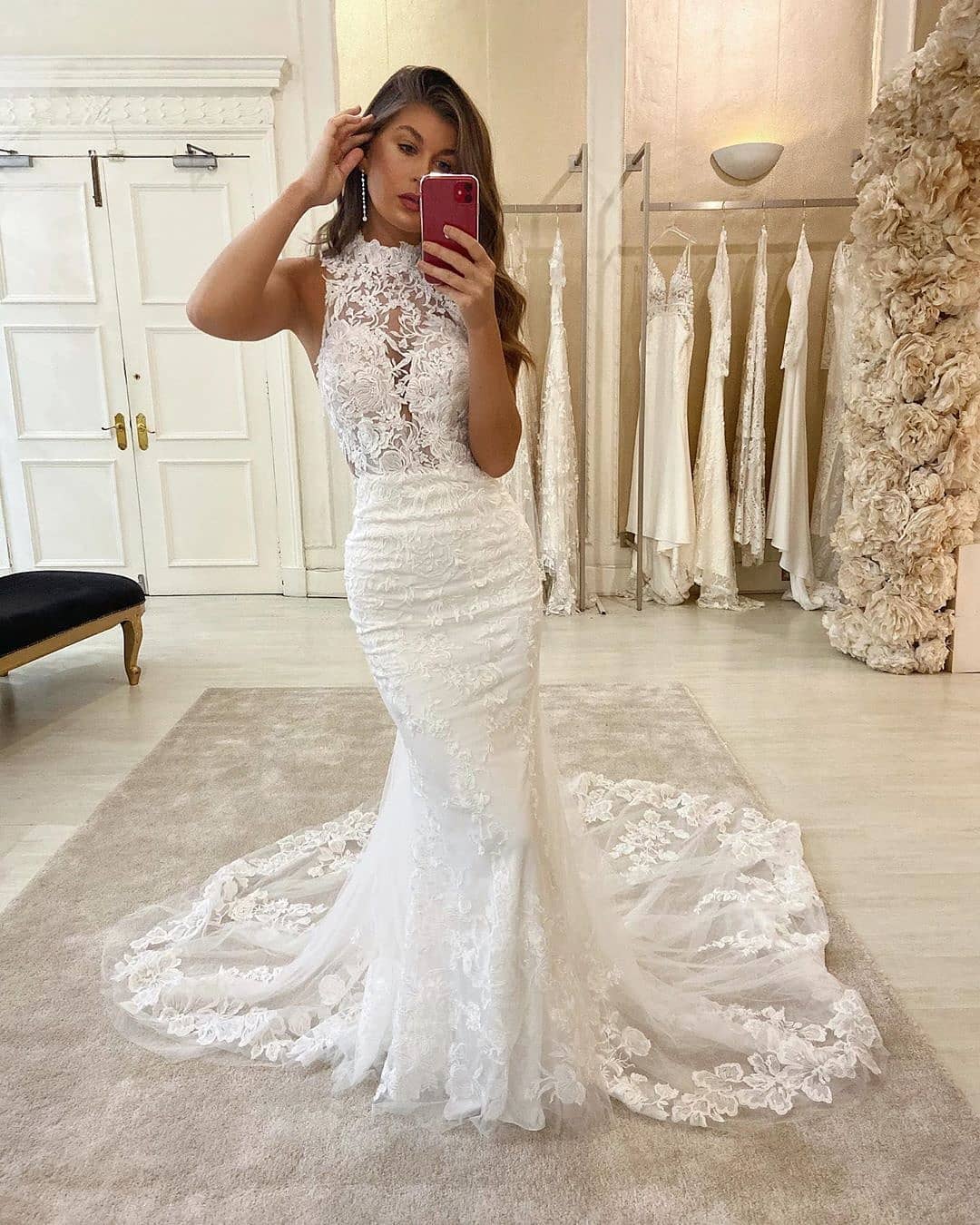 Elegant Long Mermaid High Neck Lace Floor Length White Wedding Dresses - YESBABYONLINE