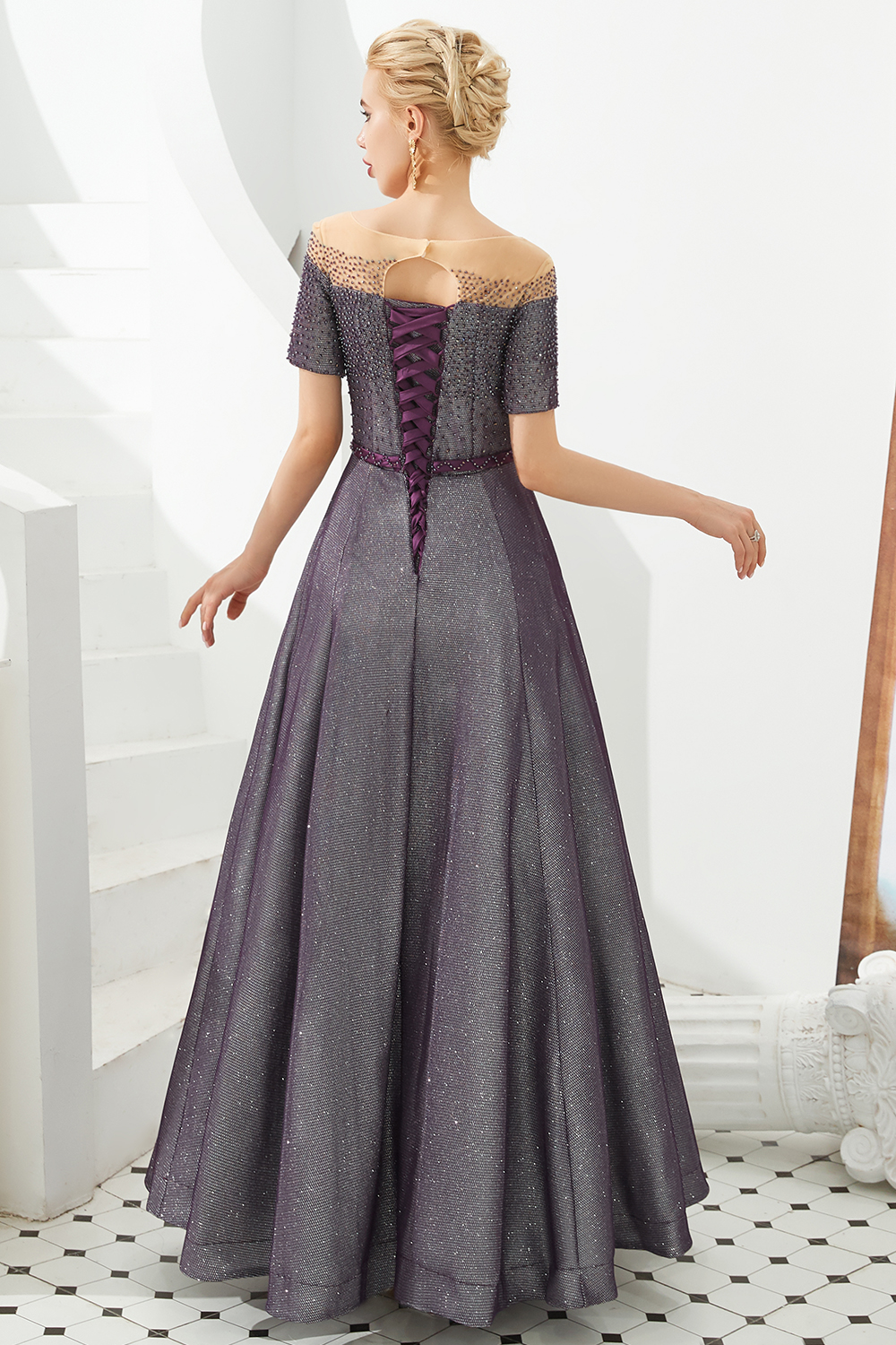 Glamorous Long A-line Round Neckline Floor Length Prom Dresses with Short Sleeves - YESBABYONLINE