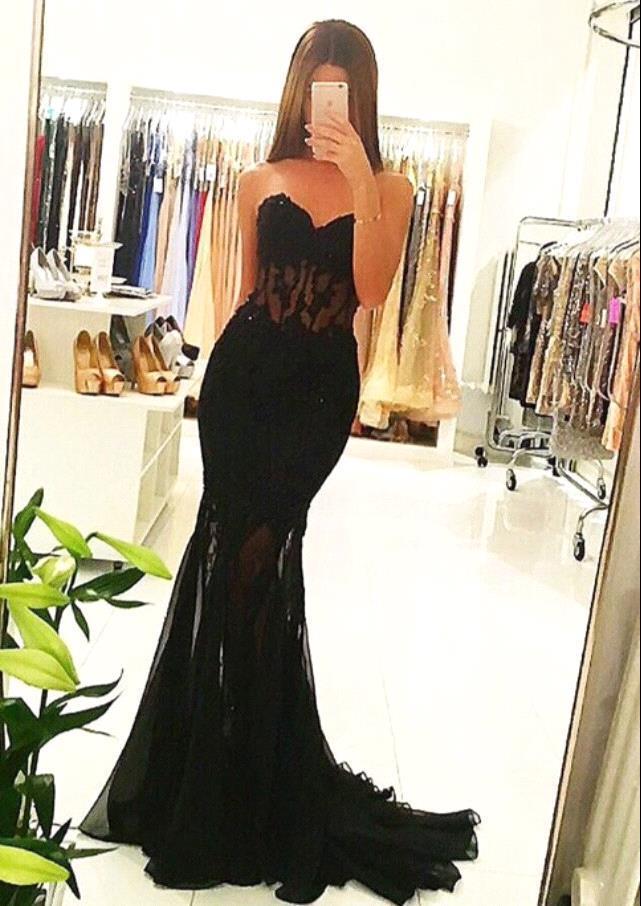 Black Mermaid Long Sweetheart Tulle Appliques Lace Prom Dresses - YESBABYONLINE