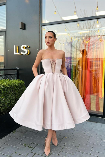 Beautiful Short Strapless Tea-Length Satin A-Line Prom Dresses with Pockets - YESBABYONLINE
