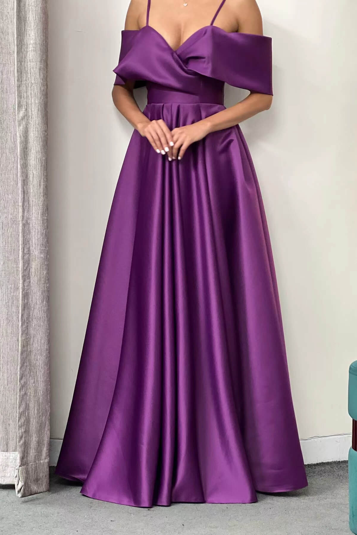 Off-the-shoulder spaghetti strap A-line satin prom dress with pockets