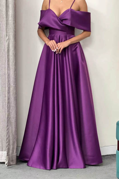 Long Off-The-Shoulder Floor-Length Spaghetti Straps A-Line Satin Prom Dresses with Pockets - YESBABYONLINE