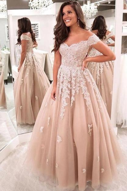 Beautiful Long A-Line Off-the-Shoulder Lace Backless Tulle Prom Dress - YESBABYONLINE
